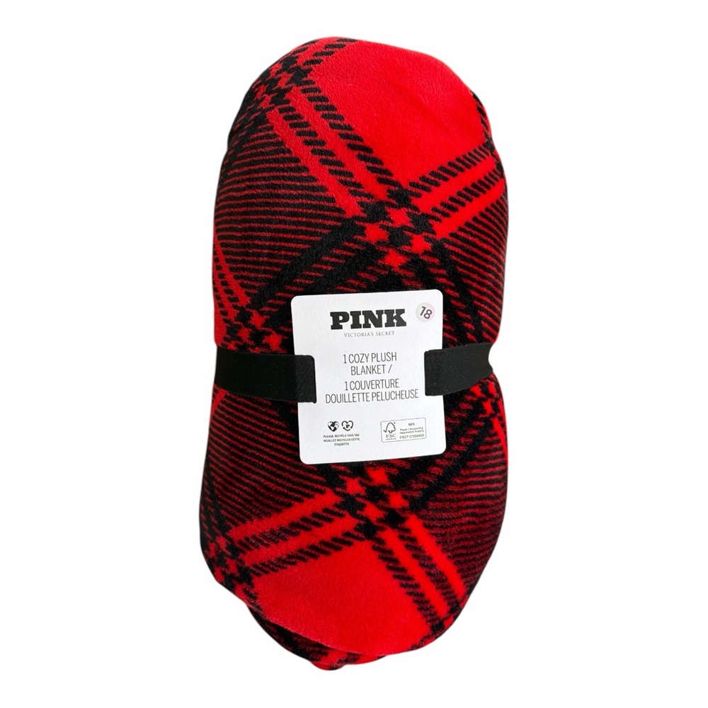 PINK Victoria's Secret Red & Black Plaid Cozy Plush Blanket 50x60”